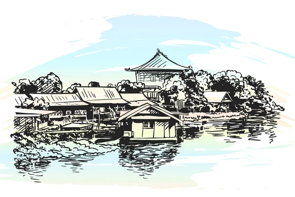 Sketch Village Houses Water Buddhist Temple Hand Drawn Vector Illustration Royalty Free Stock Illustrations