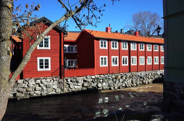 Vasteras Sweden March 2019 Swedish Style Red Houses Black River — Stock Photo, Image
