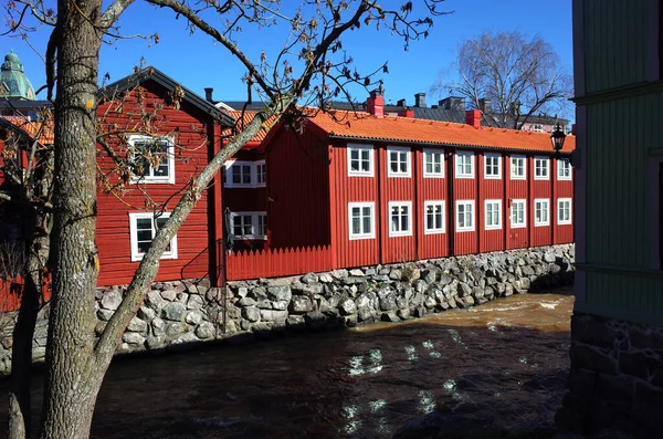 Vasteras Sweden March 2019 Swedish Style Red Houses Black River — Stock Photo, Image