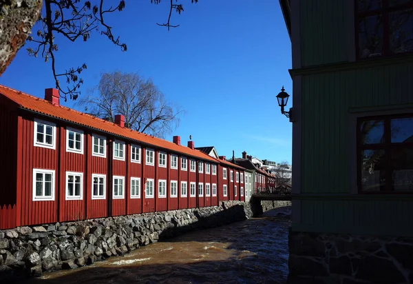 Vasteras Schweden März 2019 Rote Häuser Schwedischen Stil Und Schwarzer — Stockfoto