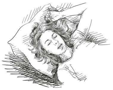 Yatakta uyuyan genç kadının çizimi, çapraz gölgeli el çizimi vektör çizimi.