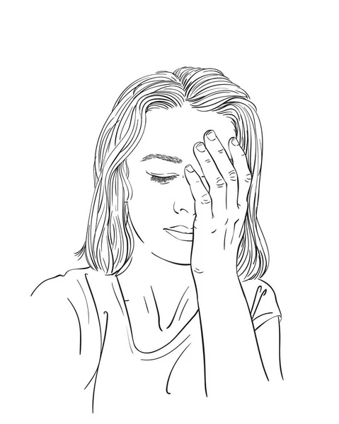 Sketch Sad Tired Young Woman Hand Drawn Vector Linear Illustration — Stock Vector