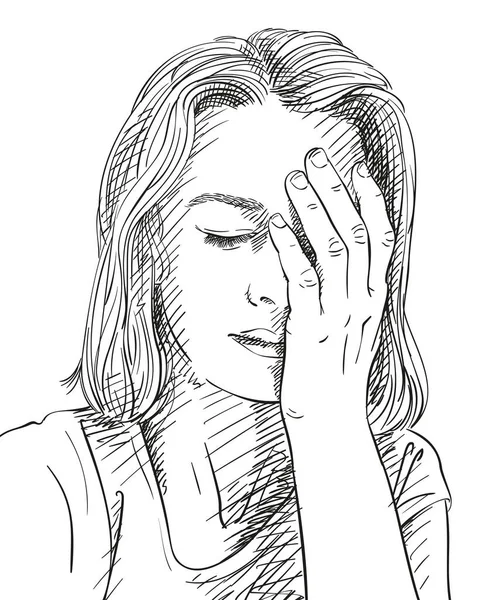 Szkic Smutnej Zmęczonej Młodej Kobiety Ręcznie Rysowane Wektor Ilustracji — Wektor stockowy