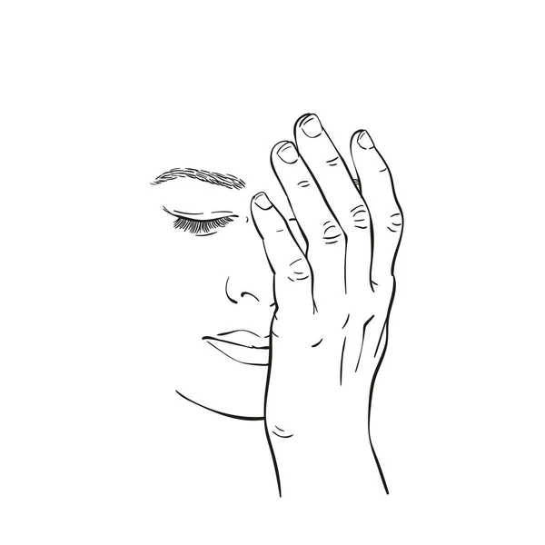 Ескіз Сумної Втомленої Молодої Жінки Обличчя Закрито Рукою Намальовано Рукою — стоковий вектор