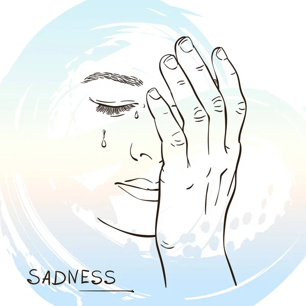 Sketch Sad Crying Woman Face Closed Hand Hand Drawn Vector — Stock Vector