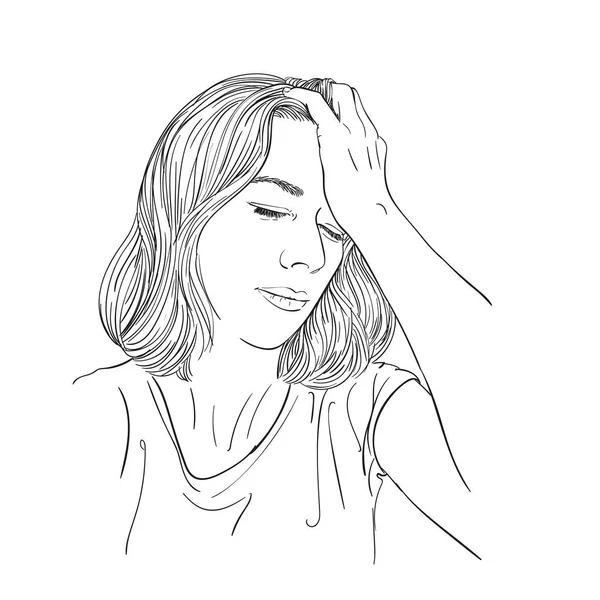 疲れた若い女性のスケッチは頭痛を持っています 手描きベクトル線イラスト — ストックベクタ