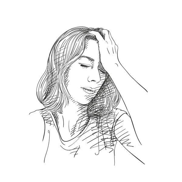 Szkic Zmęczony Młoda Kobieta Ból Głowy Ręcznie Rysowane Wektor Ilustracji — Wektor stockowy