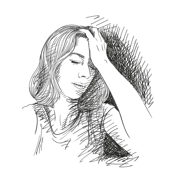 Bosquejo Mujer Joven Cansada Tiene Dolor Cabeza Ilustración Vectorial Dibujado — Archivo Imágenes Vectoriales