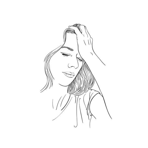 Szkic Zmęczonej Młodej Kobiety Ból Głowy Ręcznie Rysowane Wektor Liniowy — Wektor stockowy