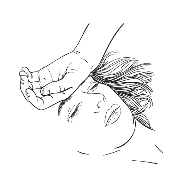 Ескіз Втомленої Молодої Жінки Обличчям Чола Намальована Рука Векторні Лінійні — стоковий вектор