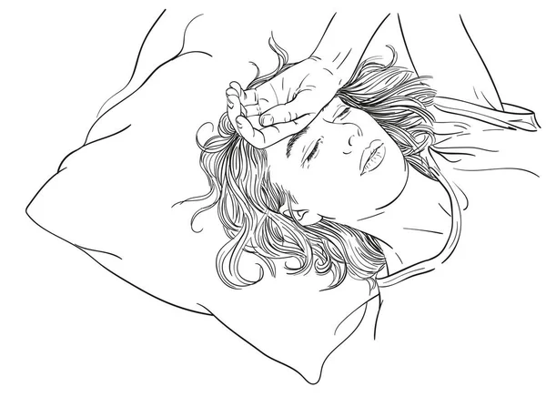 疲れた若い女性のベッドで寝ているスケッチ 手描きベクトル線イラスト — ストックベクタ
