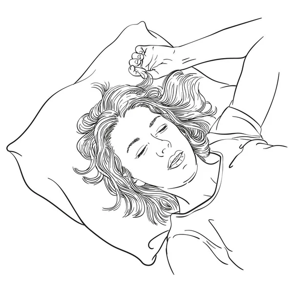 Skiss Ung Kvinna Sover Med Huvud Och Arm Kudde Hand — Stock vektor