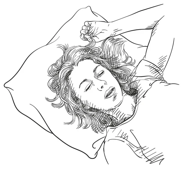 Ескіз Молодої Жінки Спить Головою Однією Рукою Подушці Намальована Рука — стоковий вектор