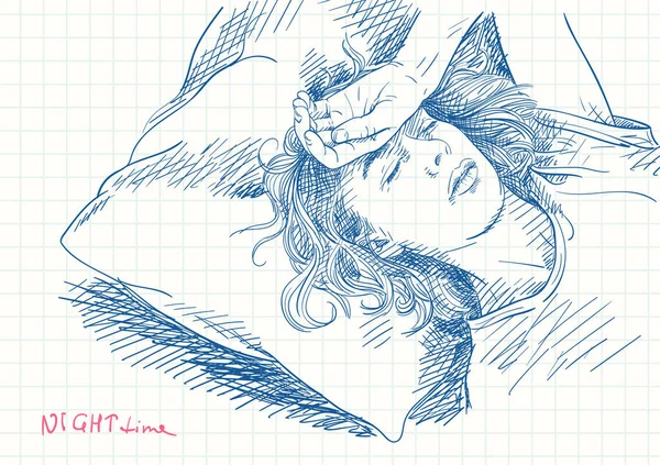 ベッドで寝る疲れた若い女性 正方形のグリッド日記ページの青いペンのスケッチ 手描きベクトルイラスト — ストックベクタ