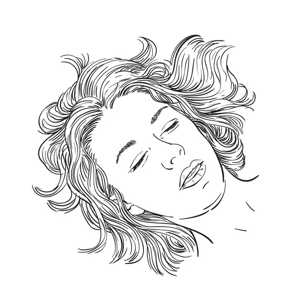 Bosquejo Cabeza Mujer Dormida Joven Aislado Ilustración Lineal Vector Dibujado — Archivo Imágenes Vectoriales