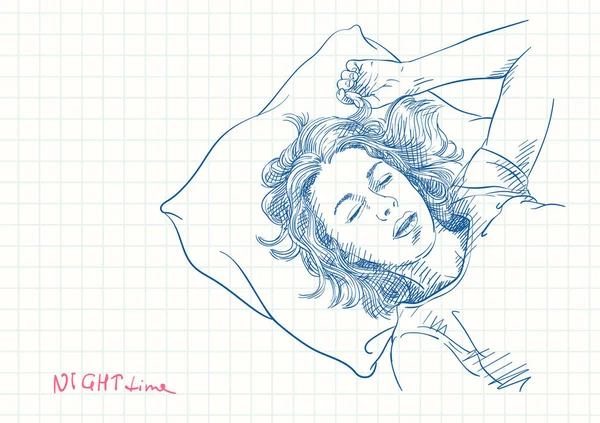Молода Спляча Жінка Головою Однією Рукою Подушці Синя Ручка Скетчі — стоковий вектор