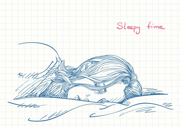 Νεαρή Κοιμωμένη Γυναίκα Μπλε Σκίτσο Στυλό Στην Πλατεία Σελίδα Ημερολόγιο — Διανυσματικό Αρχείο