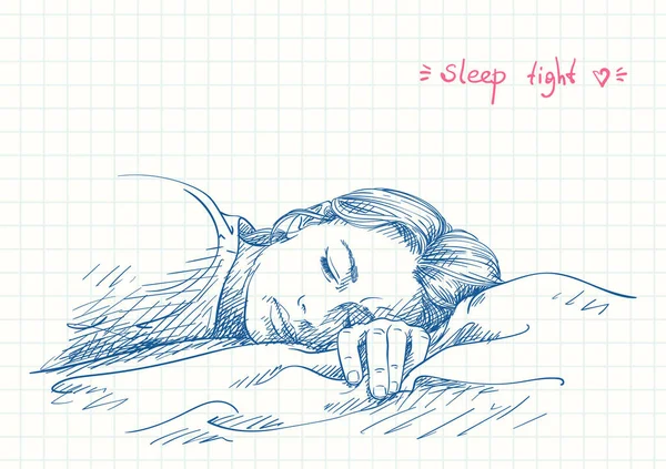 Mujer Dormida Joven Dibujo Pluma Azul Página Del Diario Cuadrícula — Archivo Imágenes Vectoriales