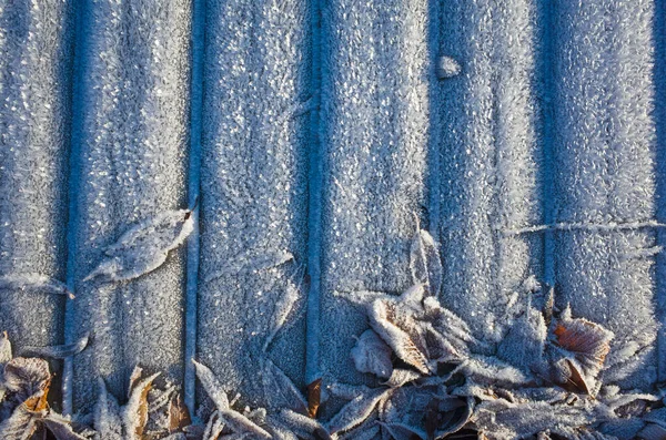 Fagyasztott Téli Háttér Sűrű Fagyos Hókristályok Csíkos Felületen Levelek — Stock Fotó