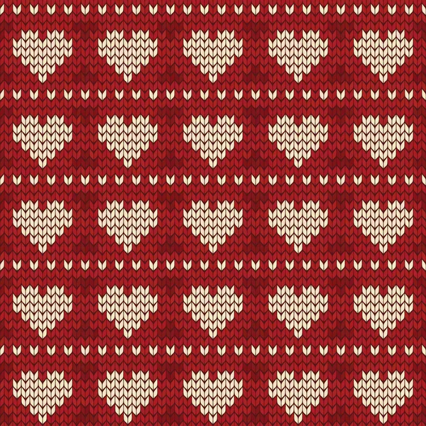 Heart Knitting Seamless Pattern Wool Knitted Texture Red Scandinavian Knitting — Stock vektor