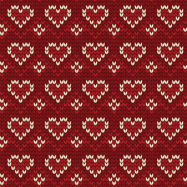 Heart Knitting Seamless Pattern Wool Knitted Texture Red Nordic Knit — Stock Vector