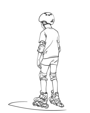 Paten kaymayı öğrenen çocuğun çizimi, arkadan görüntüleme, beyaz arkaplanda izole edilmiş el çizimi vektör doğrusal çizimi