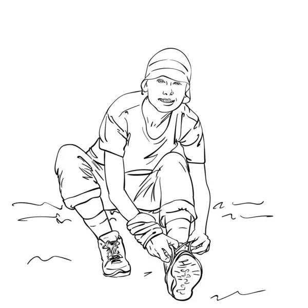 Sketch Woman Tying Laces Hiking Boot Hand Drawn Vector Linear — Vettoriale Stock