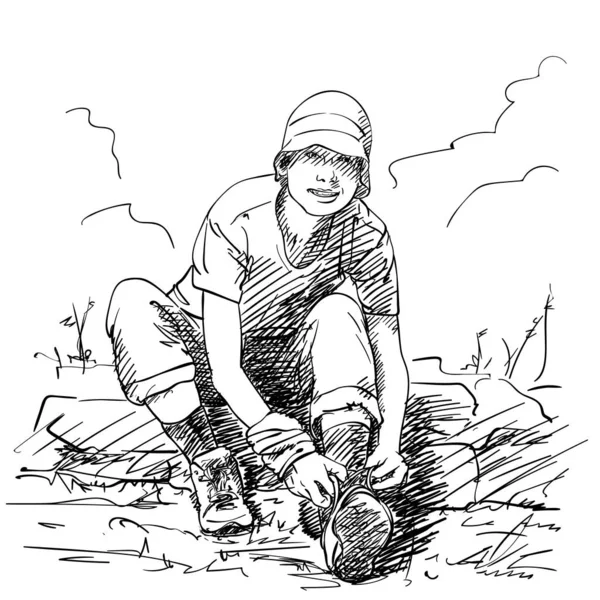 女性のスケッチを結ぶアップレース上のハイキングブーツ屋外で 手描きベクトルイラスト — ストックベクタ