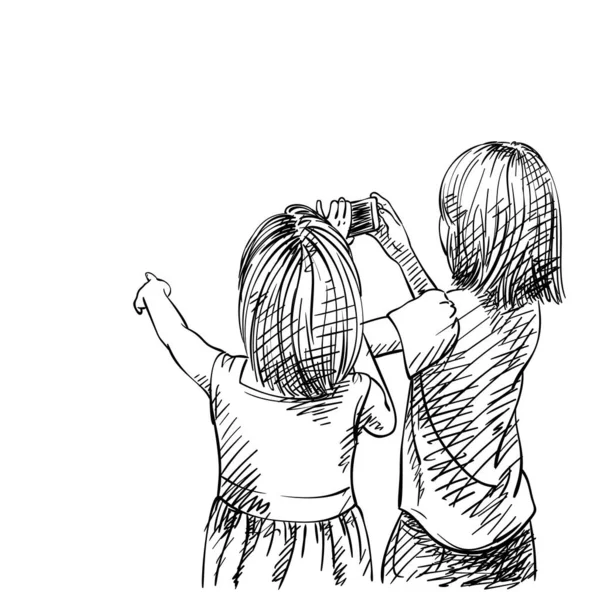 Bakåt Bild Två Asiatiska Barn Flickor Pekar Med Fingret Och — Stock vektor