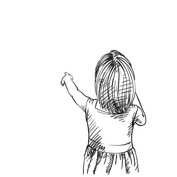 Skizze Eines Kleinen Mädchens Das Mit Dem Finger Zeigt Blick — Stockvektor