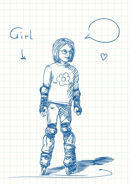 Roztomilá Dívka Kulatými Brýlemi Stojí Bruslích Modré Pero Náčrtek Čtvercové — Stockový vektor