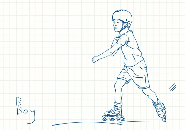 Chlapec Učí Bruslit Kolečkách Modré Pero Náčrtek Čtvercové Mřížce Notebook — Stockový vektor