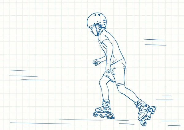 Jongen Skateing Rollen Blauwe Pen Schets Vierkant Rooster Notebook Pagina — Stockvector