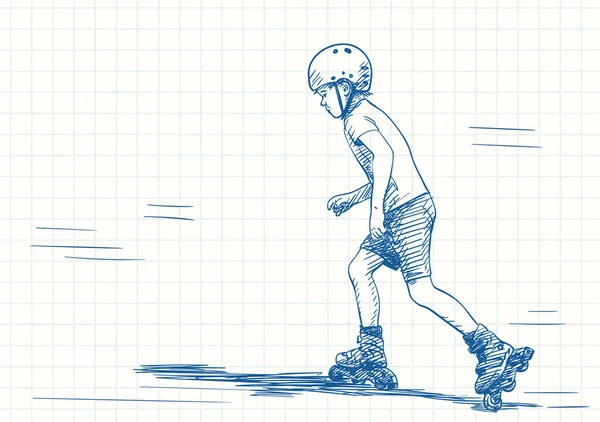 Jongen Skateing Rollen Blauwe Pen Schets Vierkante Grid Notebook Pagina — Stockvector