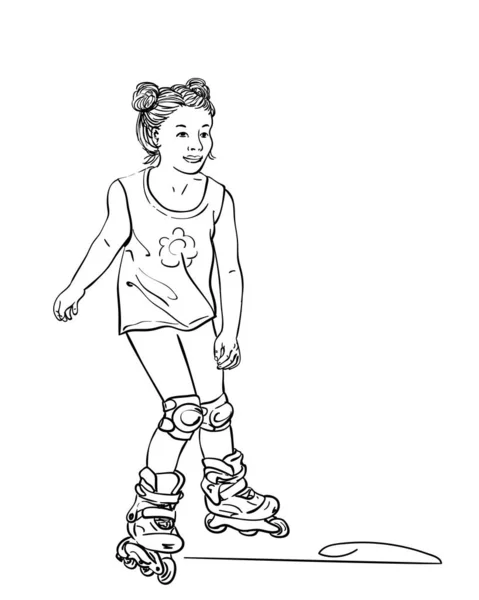 Sketch Cute Girl Two Hair Buns Skating Rollers Hand Drawn — Vetor de Stock