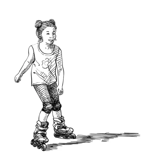 Sketch Cute Girl Two Hair Buns Skating Rollers Hand Drawn — 图库矢量图片