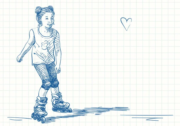 可爱的女孩带着两个发夹在滚筒上滑冰 蓝笔画在正方形网格笔记本页上 手绘矢量图解 — 图库矢量图片
