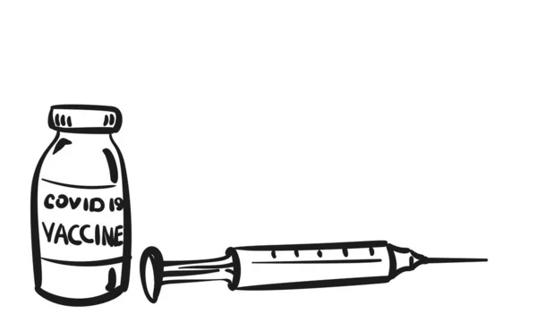 Covid Coronavirus Vaccine Bottle Syringe Simple Doodle Closeup Vaccine Syringe — Stock Vector