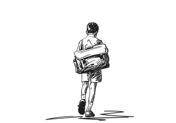 大きなレトロなバックパック付き男の子とともに彼の頭を下にベクトル描画 手描きイラスト上の学校の男の子から背中 黒と白 — ストックベクタ