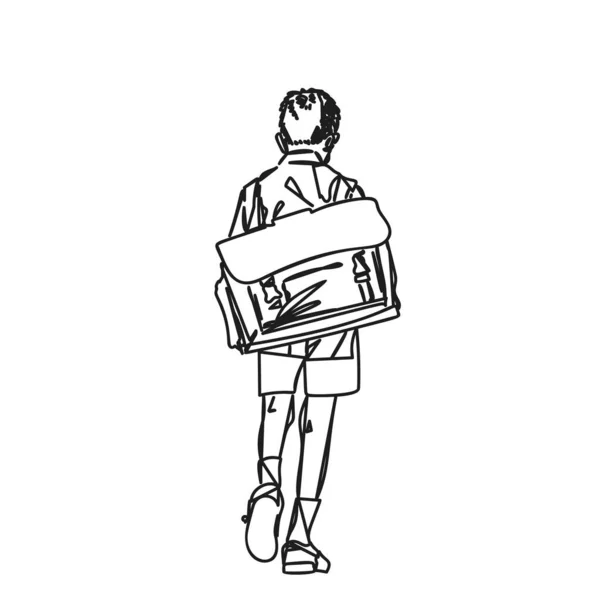 大きなレトロなバックパックとともに彼の頭を離れて歩く抽象的なラインアートベクトル図面 手描きイラスト上の学校の男の子から背中 黒と白のグラフィック — ストックベクタ