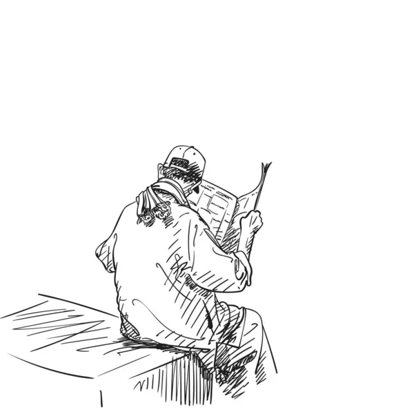 Indian Man Reading Newspaper Sitting Vector Drawing Hand Drawn Illustration — 图库矢量图片