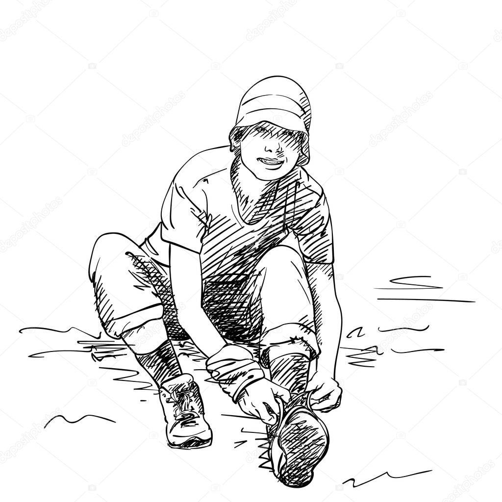Sketch of woman tying up laces on hiking boot, Hand drawn vector illustration