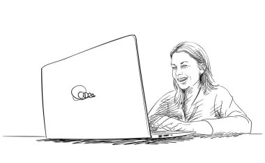 Genç kadın dizüstü bilgisayarı, vektör çizimi, el çizimi illüstrasyonuyla mutluluğunu geniş bir gülümsemeyle ifade ediyor.