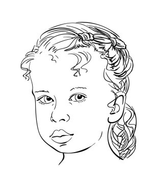 Kıvırcık saçlı güzel bir kızın ciddi yüzü, vektör çizimi, el çizimi çizimi.