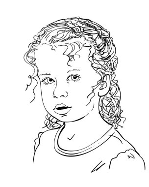 Ağzı açık, uzun kıvırcık saçlı, vektör çizimli, el çizimi resimli güzel bir kızın ciddi yüzü.