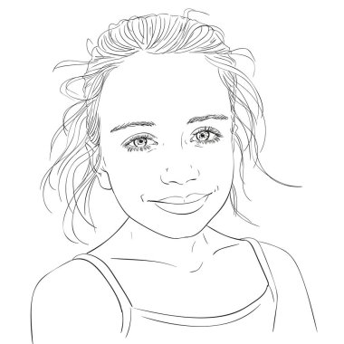 El çizimi, uzun kirpikleri olan, güzel ve mutlu bir kız, vektör çizimi, beyaz, çizgi çizimi.