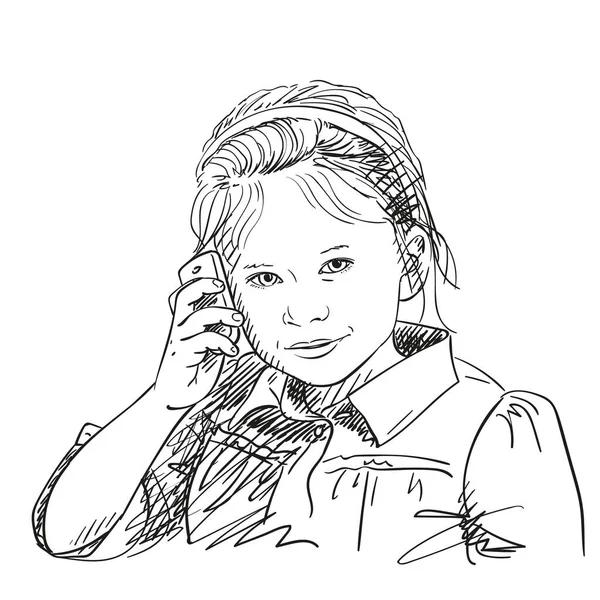 Little Cute Girl Talking Mobile Phone Vector Sketch Isolated White — стоковый вектор