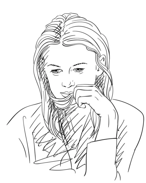 Portrait Woman Pensive Expression Her Face Holding Long Hair Her — стоковый вектор