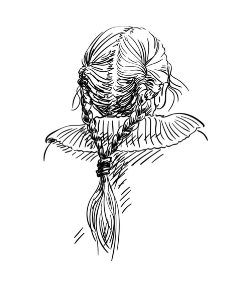 Head Girl Two Braids Connected One Ponytail Vector Sketch Hand — Archivo Imágenes Vectoriales