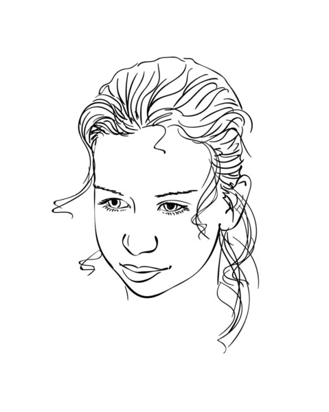 Sketch Young Girl Head Curled Hair Hand Drawn Vector Illustration — Archivo Imágenes Vectoriales